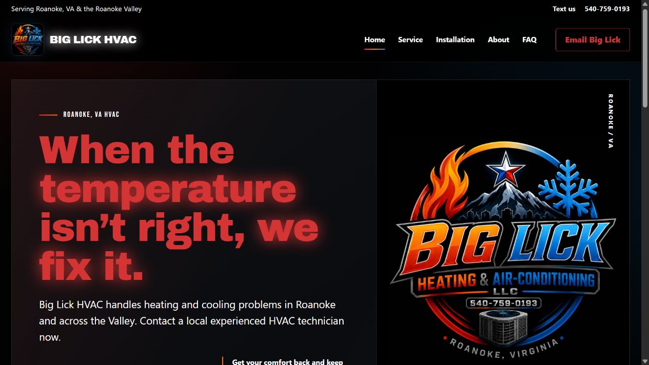 Big Lick HVAC live service website hero