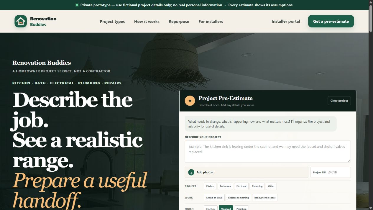 Renovation Buddies interactive project pre-estimate experience